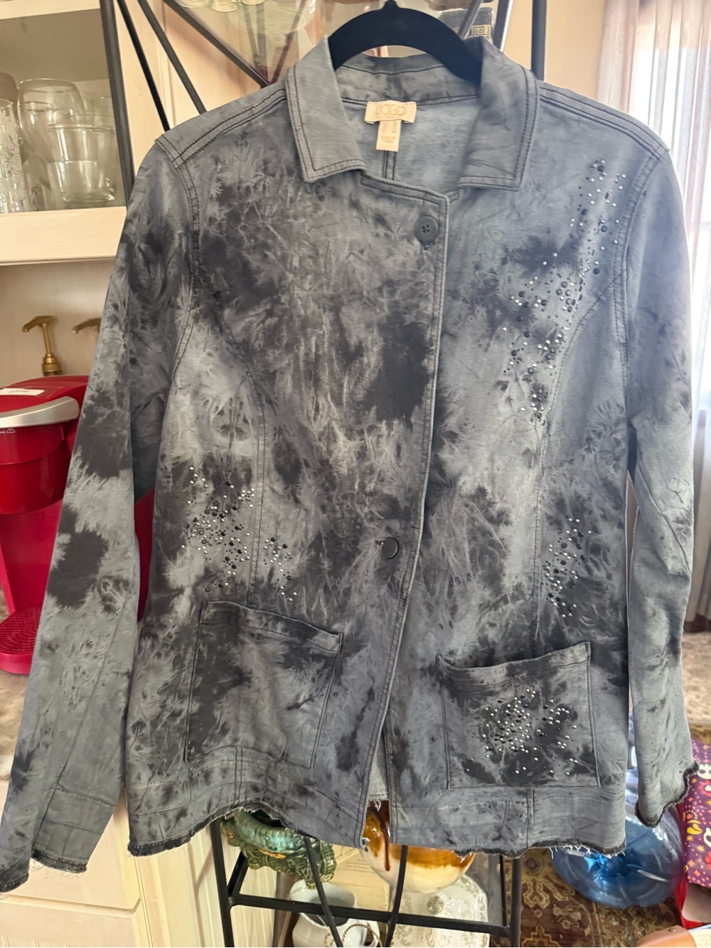 LOGO by Lori Goldstein Gray Tie-Dye Jean Jacket with Crystal Accents